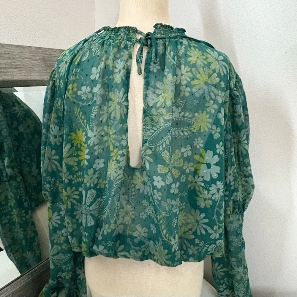Free People Green Puff Sleeve Ruffled Blouse